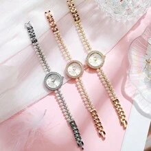 复古时尚休闲珠宝珍珠手链手表，女士情人节、母亲节礼物，合金表壳 - 均碼-十二鑽表面 - 查看 11