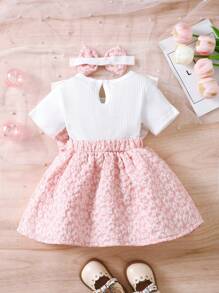 2pcs Set Baby Girl Casual Daily Simple Ditsy Floral Pattern Dress & Headscarf - Pink - View 2