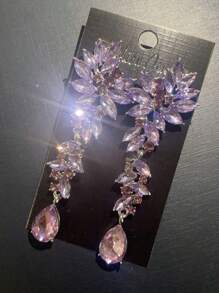 1 Pair Luxury Diamante Leaf & Water Drop Earrings, Suitable For Women Wedding, Prom, Party Accessories - Mauve Purple - View 3