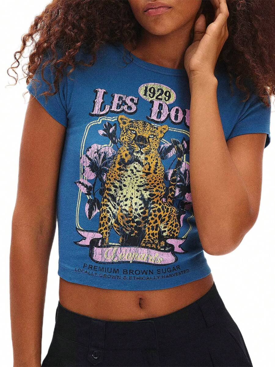 Women Y2k Baby Tees Vinatge Tiger Print Crop Tops Slim Fit Basic T-Shirts Summer Short Sleeve Casual Pullovers Tops For Streetwear Aesthetic Grunge 90s Clothes Outfit - 藍色 - 查看 1