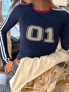 Áo thun dài tay in số Y2K dành cho nữ, dáng ôm vừa vặn - Màu xanh hải quân - Xem 2