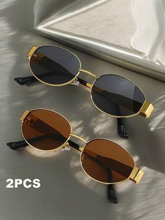 3pcs/2pcs Retro Oval Fashion Glasses, Metal Frame, Unisex, Suitable For Casual, Holiday, Business And Other Occasions For Summer Beach Vacation,Outdoor,Travel