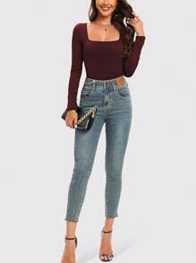 KAHULE WomensSquare Neck Tops Fashion Slim Fit  Long Sleeve Shirts - Burgundy - View 3