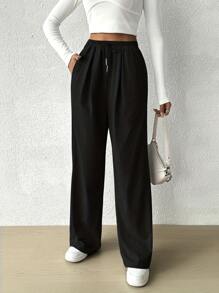 Plain High Waist Drawstring Pleated Side Pockets Loose Wide Leg Pants - Black - View 5