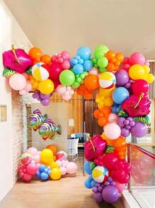 146 pièces Kit d'arche de ballon hawaïen tropical, ballons roses, orange, arc-en-ciel avec ballons en feuille de fleurs et ballons de plage. Convient pour les fêtes d'été, anniversaires, décoration de la fête de la piscine hawaïenne - Multicolore - Voir 2