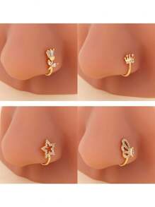 4件套无孔鼻夹套装-蝴蝶、皇冠、花朵等金银时尚西式仿穿孔鼻环，时尚造型无孔鼻钉鼻环 - 多款式 - 查看 14