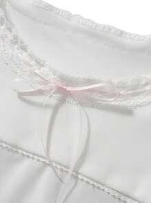Women Teen Girls Y2K Short Sleeve Shirt Top Fairy Grunge Lace Trim Scoop Neck Bow Front T-Shirts Slim Fit Crop Tees Tops Vintage Aesthetic Clothes Streetwear - 白色 - 查看 8