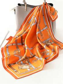 1 pièce Foulard carré en faux soie orange 70*70cm avec imprimé chaîne mode, nouveau foulard/bandeau/décoration de ceinture en style soie pour femmes, foulard professionnel pour robe - imprimé orange - Voir 2