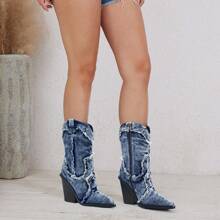 Driceic Women Denim Cowboy Mid Calf Boots Almond Pointed Chunky Block Heel Jean Boots Wide Calf Western Boots Blue - Màu xanh lam - Xem 6