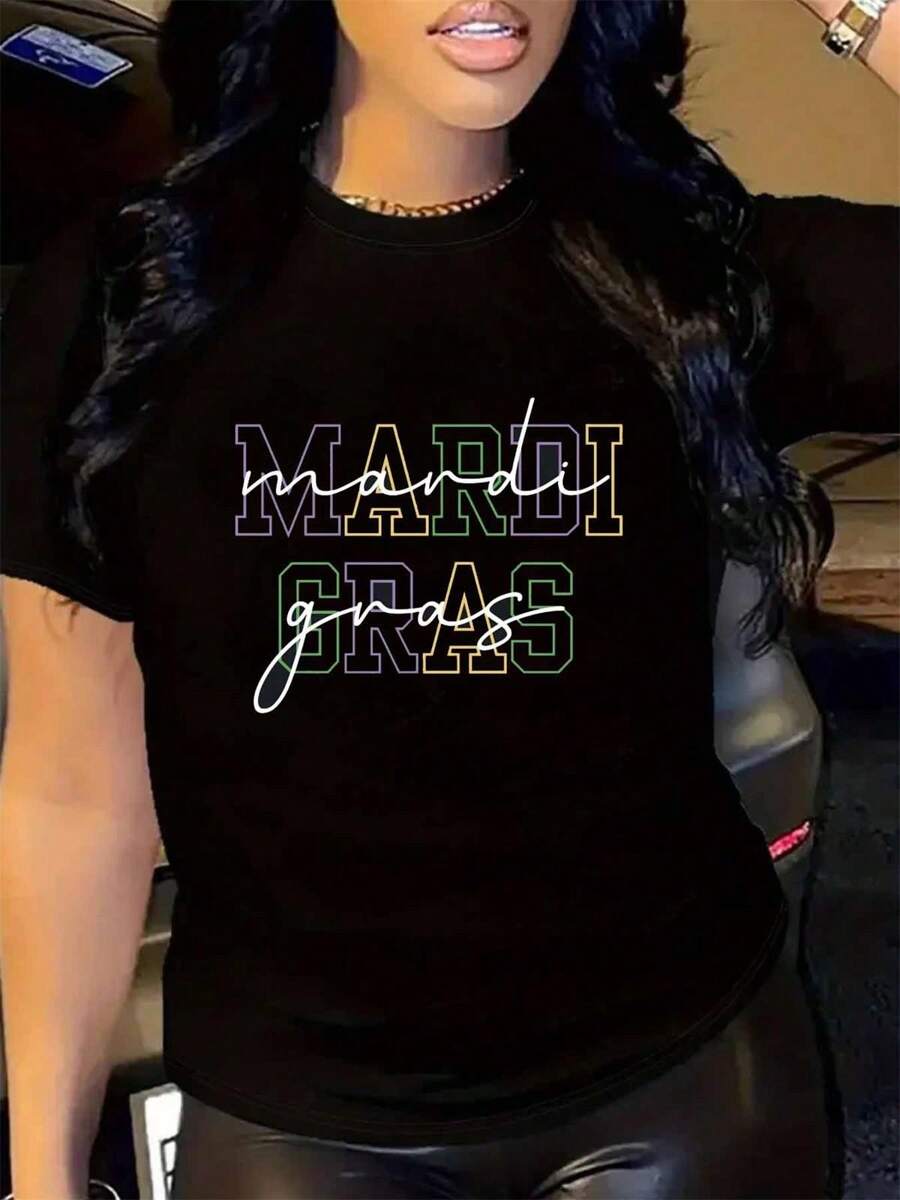 Mardi Gras Carnival Shirt, Women's Cotton Soft Breathable Comfort-Fit Crew Neck Tee,Womens Mardi Gras Tee - 黑色 - 查看 1
