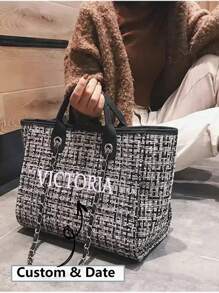 Bolso de mujer personalizable con bordado de nombre, estilo coreano popular - Bolso de cubo con cadena a contraste de cuadros sencillo, bolso de hombro y bolso cruzado para señoras