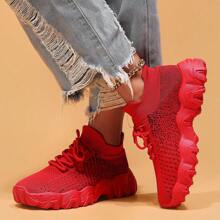 Women's Simple Plain Lace-Up Low Top Sock Sneakers, Summer 2024 Casual Comfortable Breathable Lightweight Sports Running Shoes - 酒紅色 - 查看 5