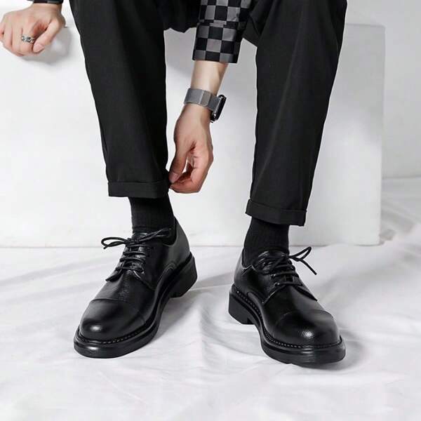 Men's Platform Round Toe Lace-Up Casual Shoes, English Style Business Work Wear Sneakers For Daily Wear