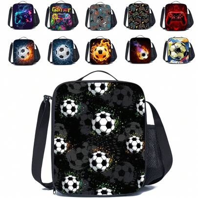 Boys And Girls Printed Insulated Lunch Box For Kids With Side Pocket & Shoulder Strap Lunch Bag, Perfect For School/Camping/Hiking/Picnic/Beach/Travel (Planets, Basketball, Football, Games)
