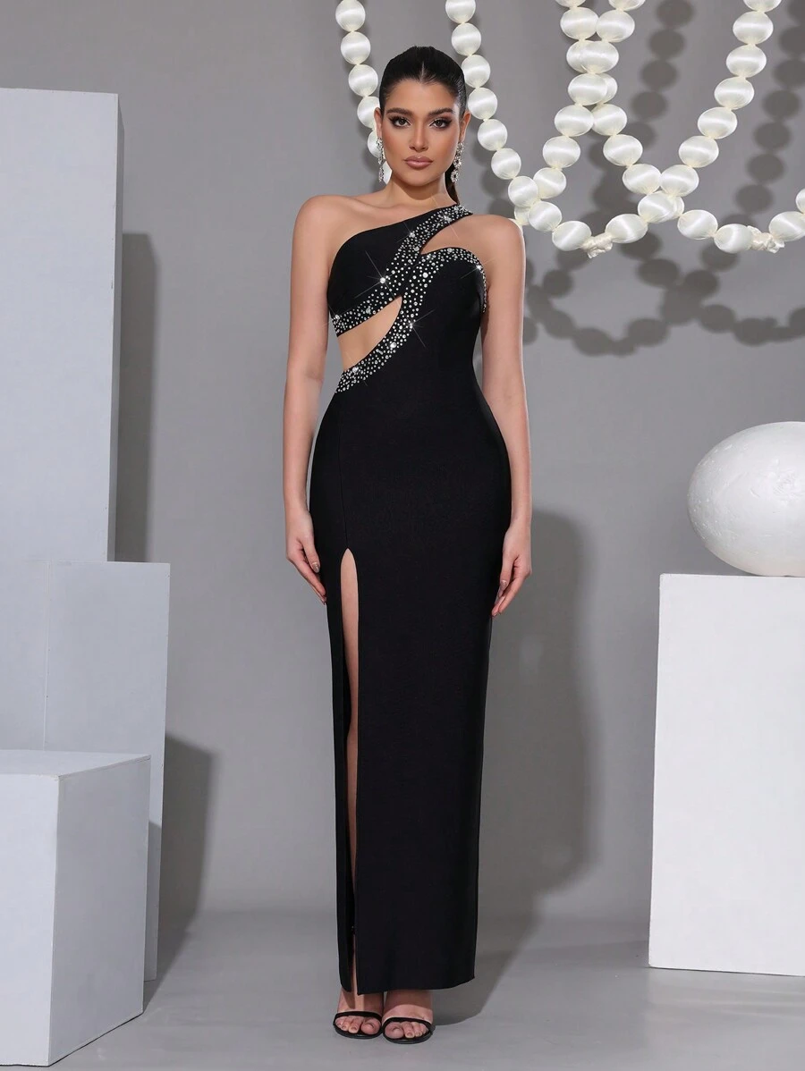 Modphy Sexy Asymmetrical Neck Hollow Out Sparkly Rhinestone Detail Cutout Waist Slit Bandage Dress, Elegant Formal Party Evening Gown, Wedding Guest Dress - Black - View 1