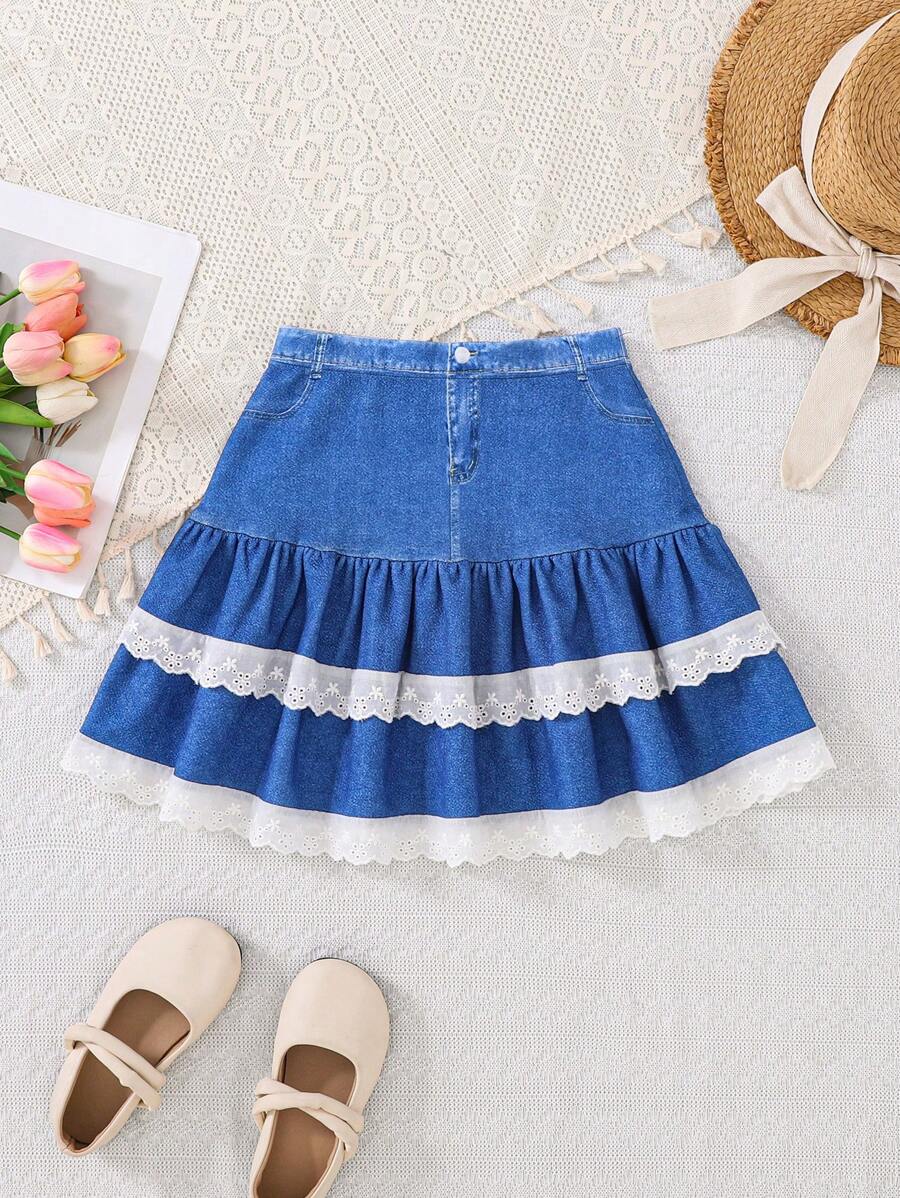 Spring & Summer Girls Large Tween Girl Casual Cute Elegant Ruffle Trim Colorblock Mini Skirt - Blue - View 1