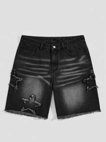 Black Star Print Men's Denim Shorts, Summer Jorts