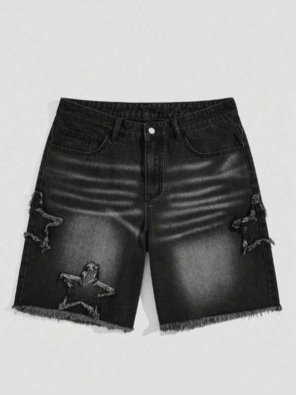 Black Star Print Men's Denim Shorts, Summer Jorts