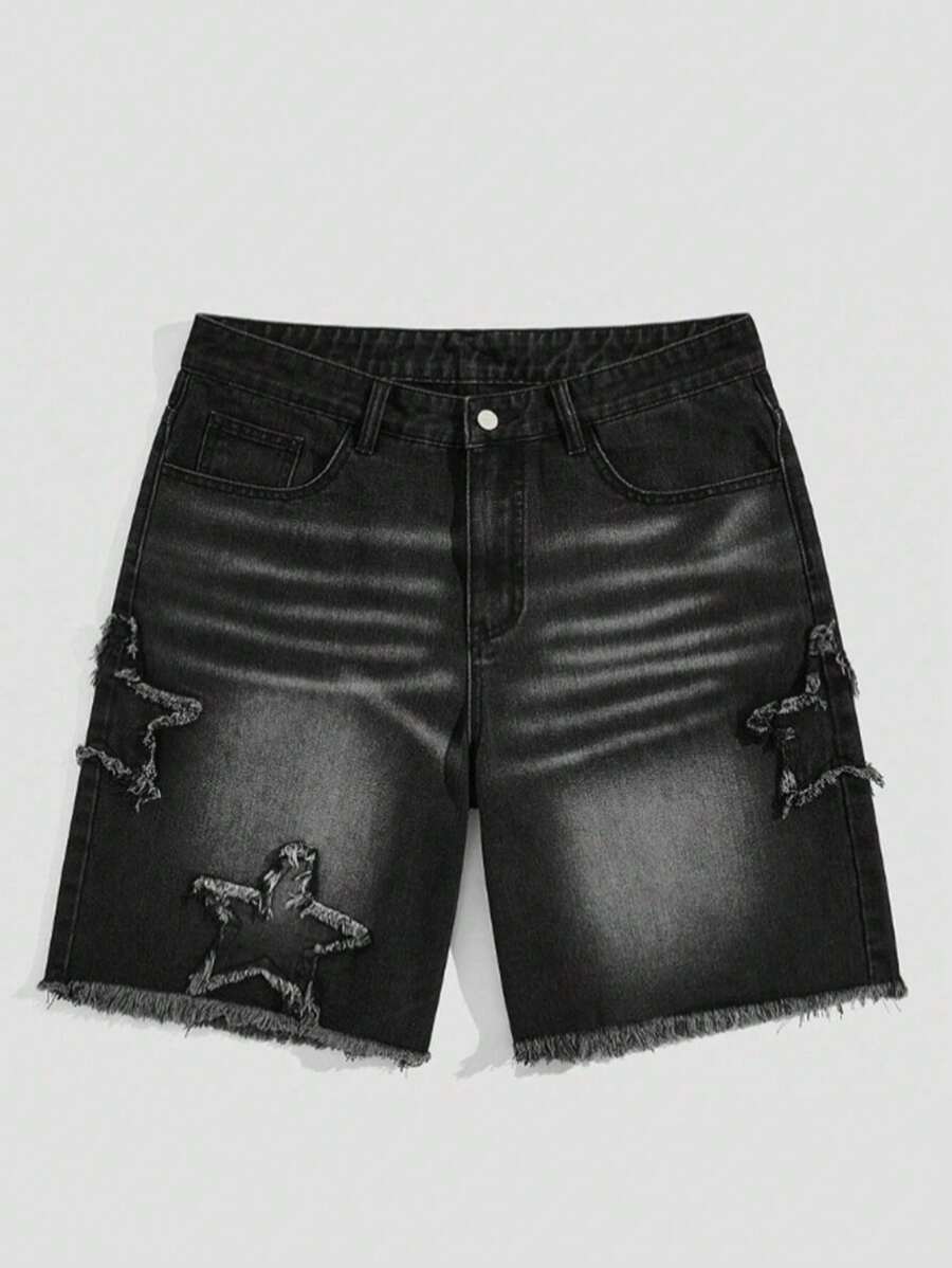Black Star Print Men's Denim Shorts, Summer Jorts