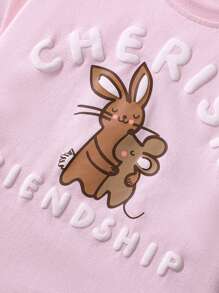 Set de 2 piezas de ropa de verano para niñas: Camiseta de manga corta rosa con estampado de conejo que dice "Cherish Friendship" y shorts tipo cargo a juego con estampado floral - Ropa suave para niñas jóvenes