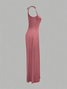 女士休闲家居服系带蝴蝶结口袋修身针织阔腿连体裤粉色优雅夏季 - 粉色 - 查看 4