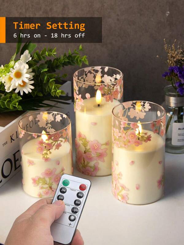3pcs/Set Sakura Candle Lights With Timer Remote Control, Flicker Flameless Candles With Pink Sakura LED Battery Operated Real Wax, 3pcs Realistic Wick Pillar Candles With Warm Flame, Suitable For Home, Bedroom, Wedding, Engagement, Christmas, Halloween, Company Party