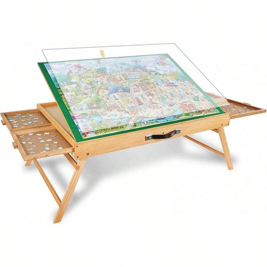 ALL4JIG 2000PCS Portable Puzzle Table With Legs, Adjustable Jigsaw Wooden Puzzle Board With 4 Drawers & Cover Birthday Gift For Mom, 3-Tilting-Angle Jigsaw Puzzle Table For Adults - 棕色 - 查看 1