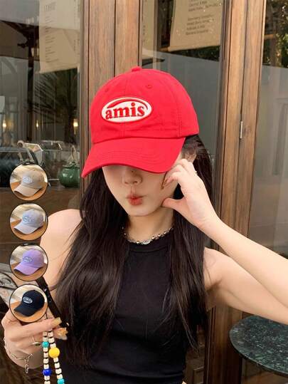 字母刺绣红色棒球帽，男女通用软顶棒球帽，春夏