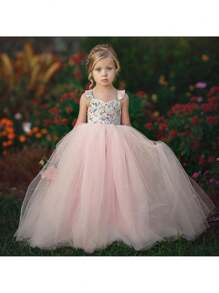 Vestido de princesa para niñas, vestido de tutú sin mangas para dama de honor, vestido de fiesta con estampado floral - Rosa - Ver 1