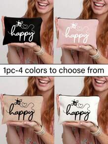 Make-uptas met opdruk van de letters "Happy" en een klein bijenpatroon - lichtgewicht en geurloze reistas van polyester, geschikt voor natuurliefhebbers en vrouwen, leuke multifunctionele canvas tas in cartoonstijl, perfect cadeau voor tieners, verjaardags- en reisaccessoires, vakantiecadeaus, boho-sfeer, voor strandvakanties, badkamercollectie, slaapkamercollectie, grote capaciteit