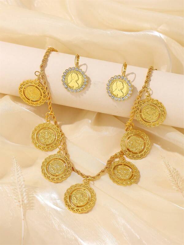 1 Set Gold Coin Shaped Necklace & Earrings Jewelry Set, Rhinestone Inlaid, Moroccan Style, Fashion Accessory For Wedding & Party