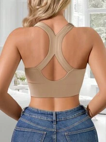 女士内衣运动文胸紧身裤露脐上衣瑜伽背心前拉链运动吊带背心防震健身房健身运动跑步瑜伽健身内衣聚拢文胸女士运动文胸春季 - 杏色 - 查看 7