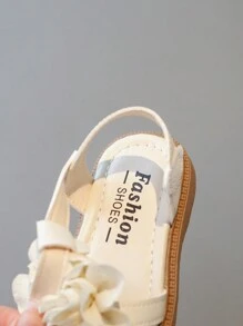 1 Pair Girls Solid Color Leather Open Toe Flower Decor Flat Sandals, Cute For Spring/Summer - Beige - View 12