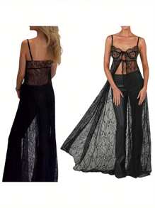 Women's See Through Mesh Sheer Lace Patchwork Maxi Dress Ruffle Backless Bikini Cover--Ups Dress - Black - View 5