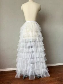 1pc Women's Black & White Flowy Mesh Pleated High Waist Skirt, Party Gothic Steampunk Cocktail Dress, Autumn - Multicolor - View 5