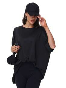 HIGHFINE Women's Loose Short-Sleeved Crewneck Summer Top Loose Casual Shirt Basic T-Shirt - 黑色 - 查看 5