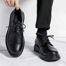 男士厚底圆头系带休闲鞋，英式商务工作装运动鞋，适合日常穿着 - 黑色 - 查看 4