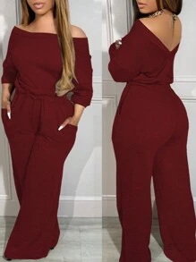 Off Shoulder V-Back Jumpsuit Stretchy Waist Pocket Design Casual Jumpsuit - Burgundy - View 1