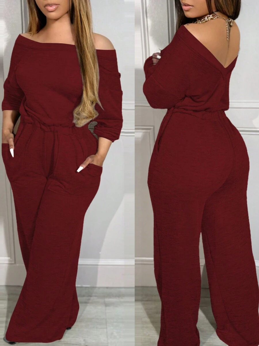 Off Shoulder V-Back Jumpsuit Stretchy Waist Pocket Design Casual Jumpsuit - Burgundy - View 1