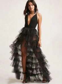 1pc Women's Black & White Flowy Mesh Pleated High Waist Skirt, Party Gothic Steampunk Cocktail Dress, Autumn - Multicolor - View 4