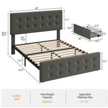 CuisinSmart Queen Size Bed Frame With Headboard,Linen Upholstered Platform Bed Frame With 4 Storage Drawers,Button Tufted Style,No Box Spring Needed - Light Grey - View 9