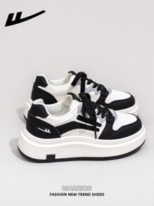 WARRIOR Women's 1 Pair Casual Skateboard Shoes, Lace-Up Design Thick Sole Low-Top Outdoor Flat Shoes For Spring And Summer, Comfortable And Stylish Classic Chunky Sneakers With Retro Details - Black - View 3