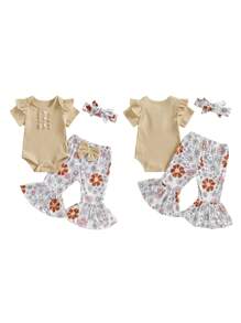 Conjuntos de 3 piezas de pantalones para niñas de 0 a 18 meses, mameluco con mangas voladoras y cuello redondo, pantalones acampanados florales, conjuntos con diadema - Caqui - Ver 7