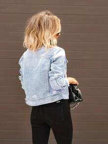 Women's Spring/Autumn Long Sleeve Distressed Denim Jacket - Baby Blue - View 5