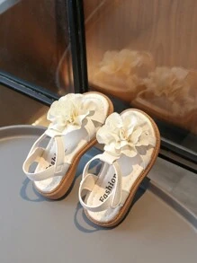 1 Pair Girls Solid Color Leather Open Toe Flower Decor Flat Sandals, Cute For Spring/Summer - Beige - View 7