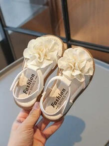 1 Pair Girls Solid Color Leather Open Toe Flower Decor Flat Sandals, Cute For Spring/Summer - Beige - View 4