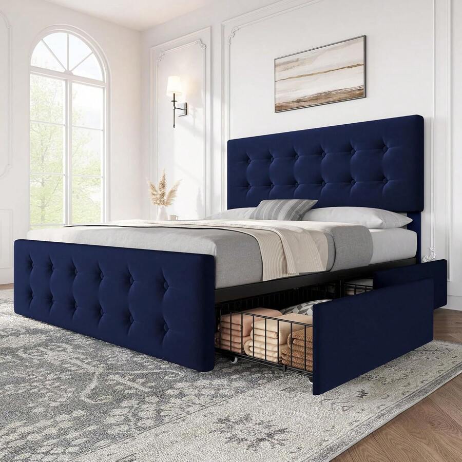 CuisinSmart Queen Size Bed Frame With Headboard,Linen Upholstered Platform Bed Frame With 4 Storage Drawers,Button Tufted Style,No Box Spring Needed - 藍色 - 查看 1