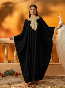 AmazingHoney Elegant Cream Kaftan Dress With Gold Embroidery Details, Batwing Sleeves, Party Abaya,Kaftan Dress ,Abaya Dress (Oversized Fit– Please Check Size Chart) - Black - View 7