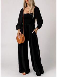 Women's Casual Loose Overalls Jumpsuits One Piece Long Sleeve Wide Leg Long Pant Rompers With Pockets - Hạt dẻ - Xem 6