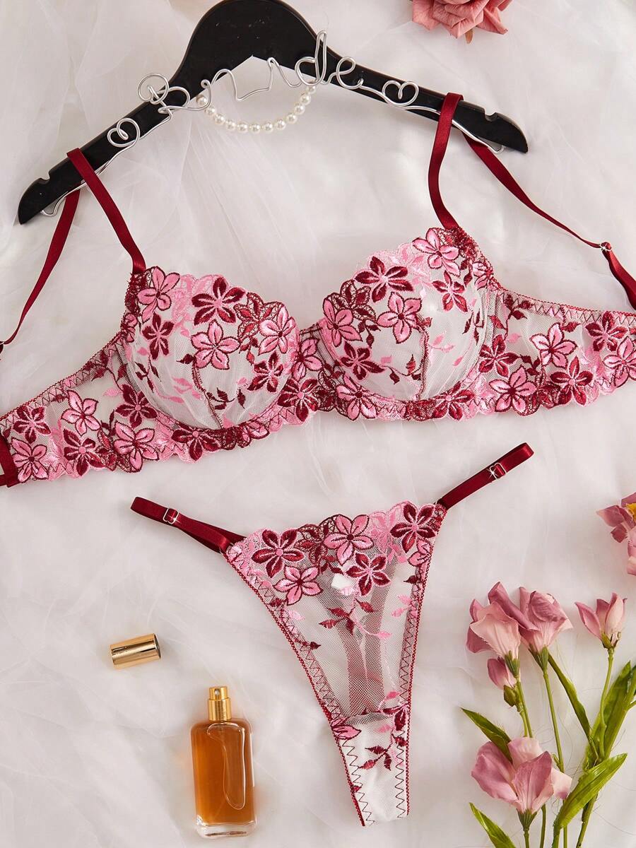 Floral Embroidered Sheer Women's Sexy Lingerie Set, Rave For Going Out - Burgundy - View 1